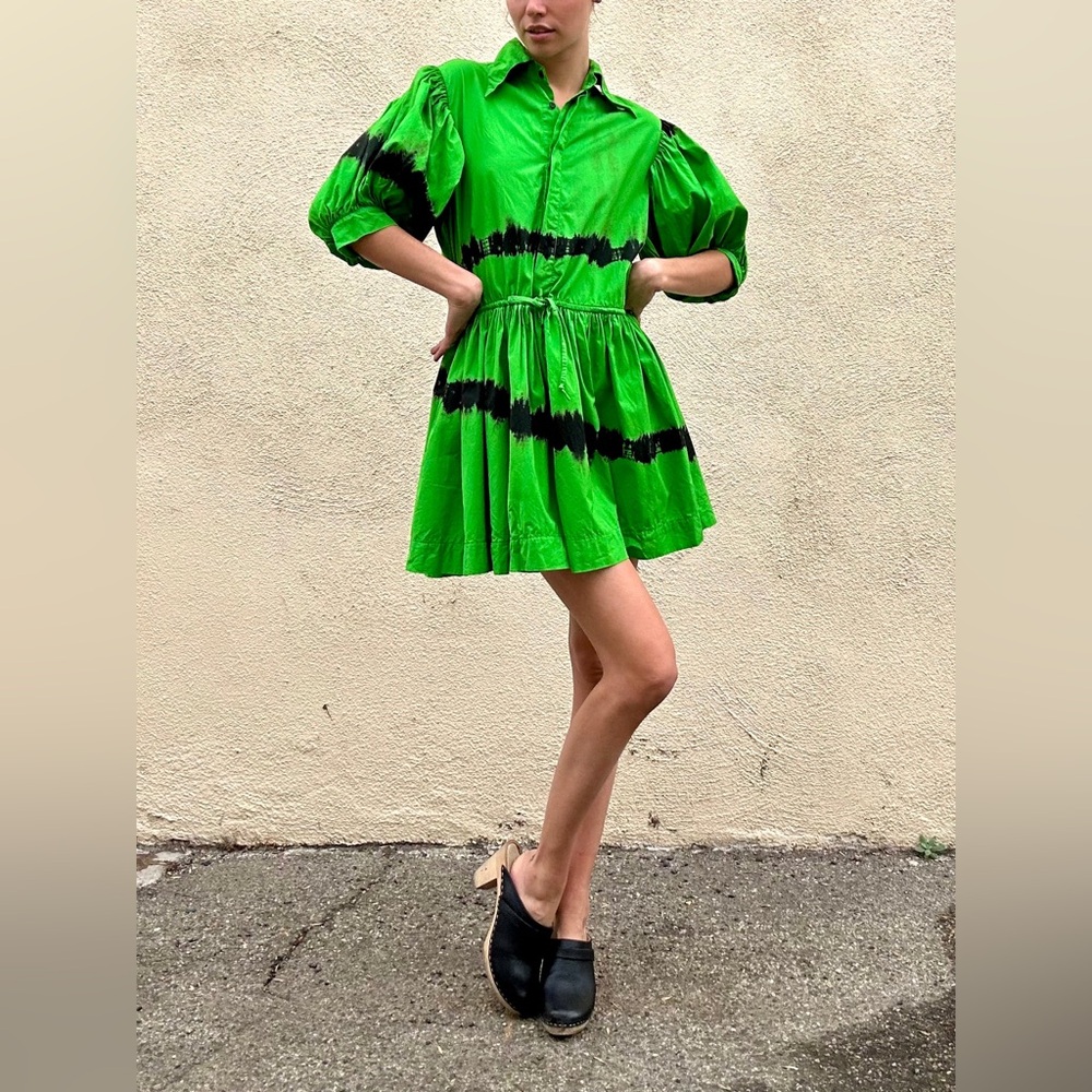 S/W/F Green Cotton Dress (Fits Like L) | Puff Sleeve Mini Dress